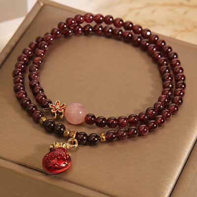 Foviel Natural 3mm Ultra-thin Garnet Rose Quartz Beads Money Bag Bell Flower Protection Bracelet