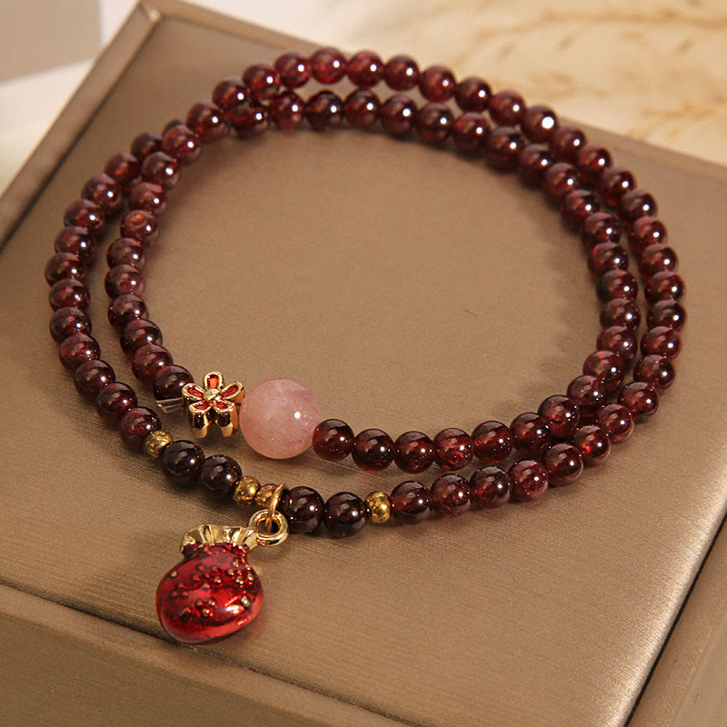 Foviel Natural 3mm Ultra-thin Garnet Rose Quartz Beads Money Bag Bell Flower Protection Bracelet
