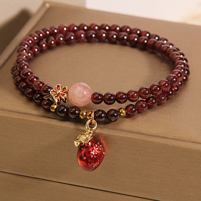 Foviel Natural 3mm Ultra-thin Garnet Rose Quartz Beads Money Bag Bell Flower Protection Bracelet