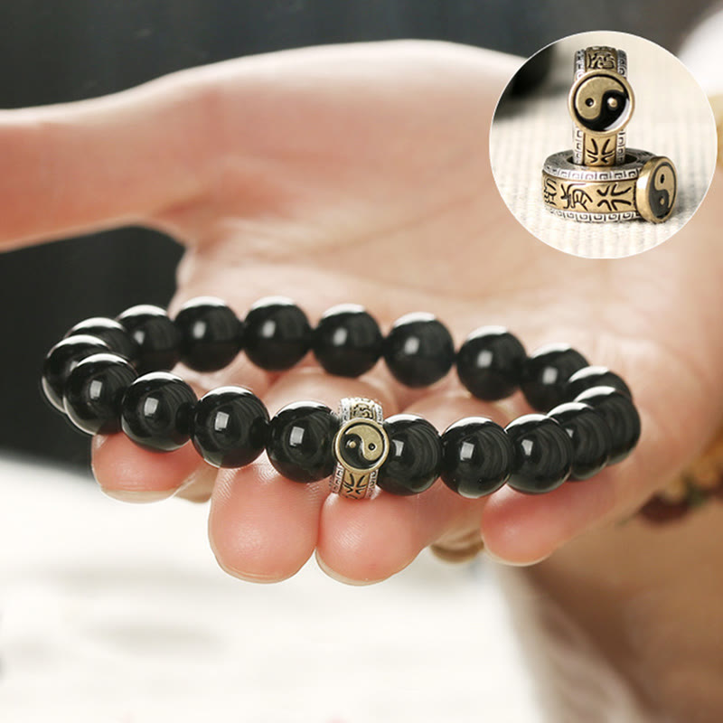 Foviel Black Obsidian Yin Yang Nine-Character Mantra Fulfilment Bracelet