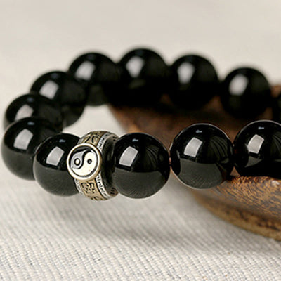 Foviel Black Obsidian Yin Yang Nine-Character Mantra Fulfilment Bracelet