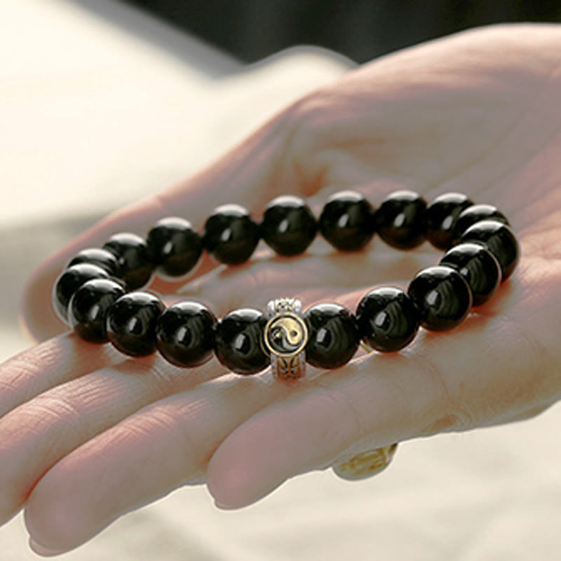 Foviel Black Obsidian Yin Yang Nine-Character Mantra Fulfilment Bracelet