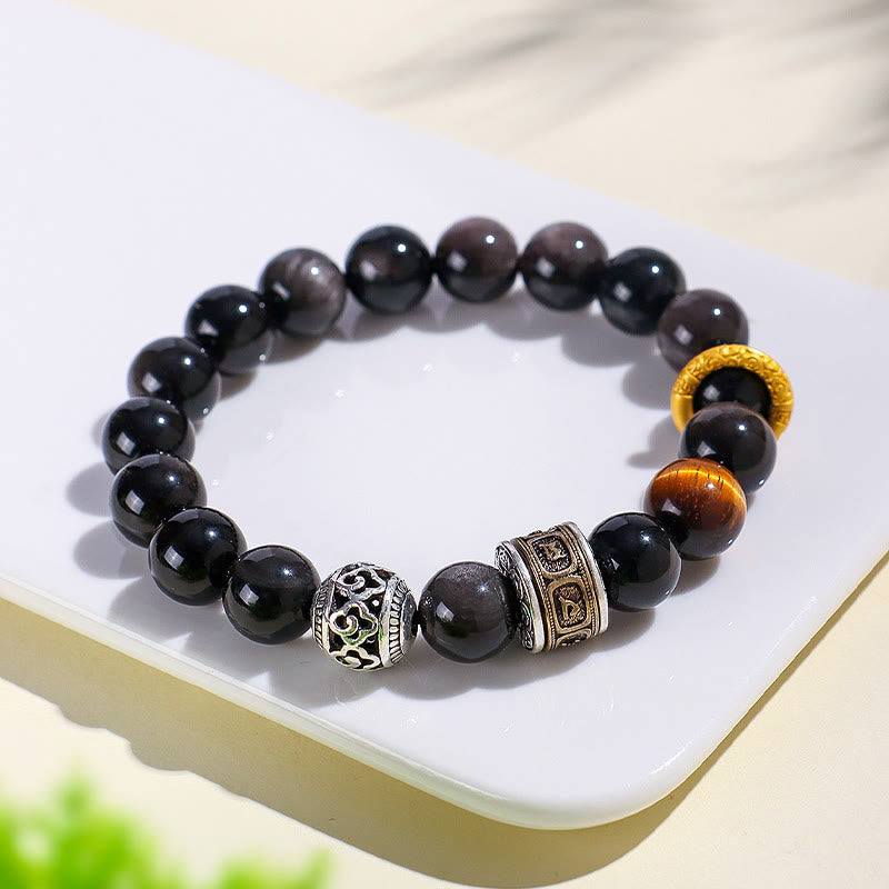 Foviel Silver Sheen Obsidian Tiger Eye Om Mani Padme Hum Protection Bracelet