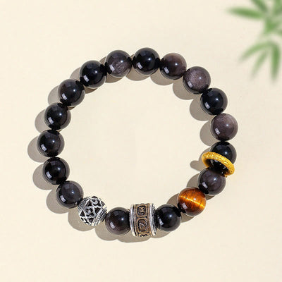 Bracelet de protection Foviel en obsidienne argentée et œil de tigre avec mantra Om Mani Padme Hum
