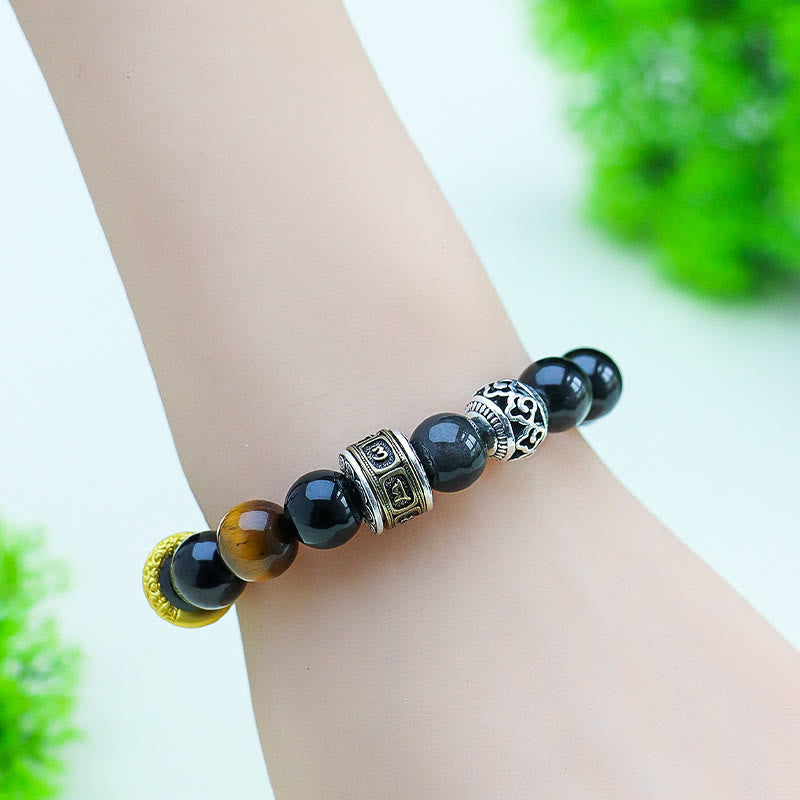 Bracelet de protection Foviel en obsidienne argentée et œil de tigre avec mantra Om Mani Padme Hum
