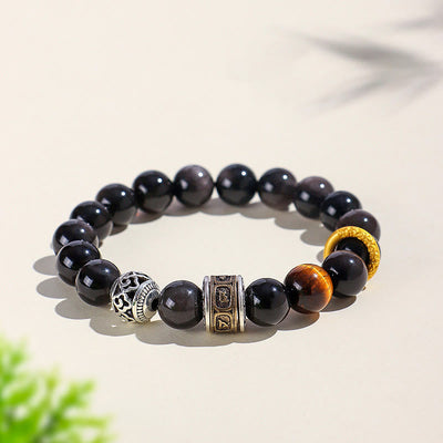 Bracelet de protection Foviel en obsidienne argentée et œil de tigre avec mantra Om Mani Padme Hum