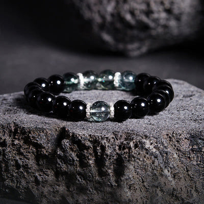 Bracelet Foviel en argent sterling 925, obsidienne noire et fantôme vert, symbole de force
