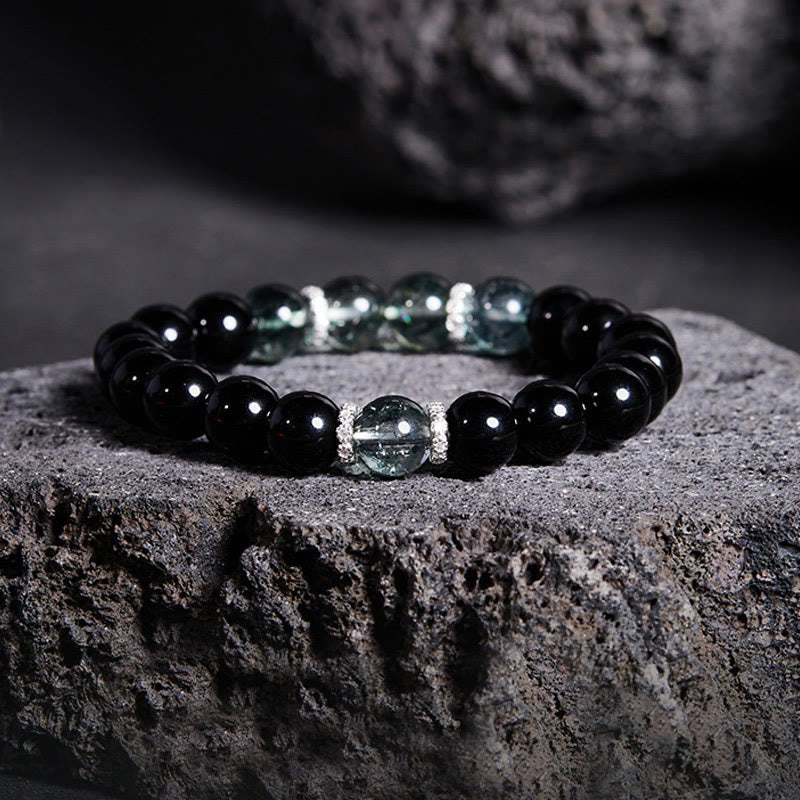 Bracelet Foviel en argent sterling 925, obsidienne noire et fantôme vert, symbole de force