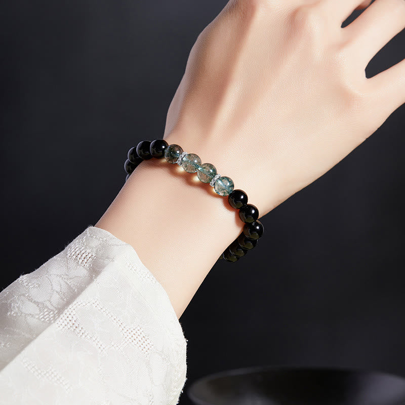 Bracelet Foviel en argent sterling 925, obsidienne noire et fantôme vert, symbole de force