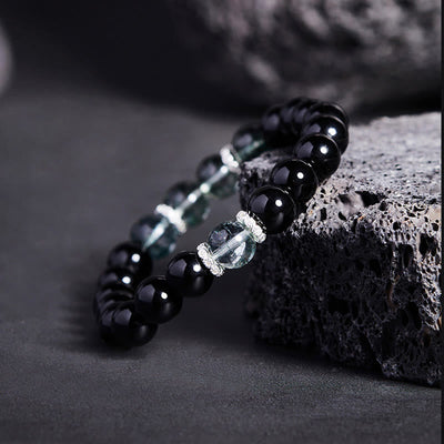 Bracelet Foviel en argent sterling 925, obsidienne noire et fantôme vert, symbole de force