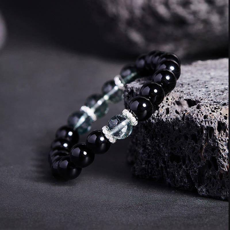 Bracelet Foviel en argent sterling 925, obsidienne noire et fantôme vert, symbole de force
