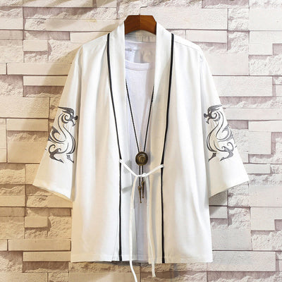 Foviel Stickerei Drache Phoenix Ausgeprägte Wolkenwellen Blätter Krane Offene Frontjacke Herren Kimono