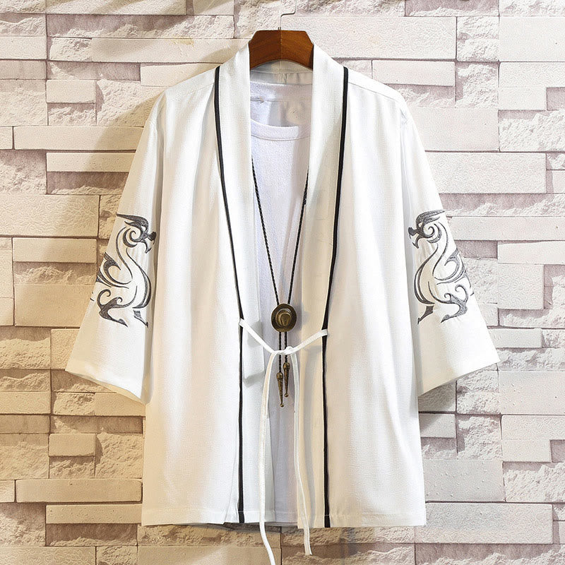 Foviel Stickerei Drache Phoenix Ausgeprägte Wolkenwellen Blätter Krane Offene Frontjacke Herren Kimono
