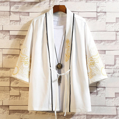 Foviel Stickerei Drache Phoenix Ausgeprägte Wolkenwellen Blätter Krane Offene Frontjacke Herren Kimono