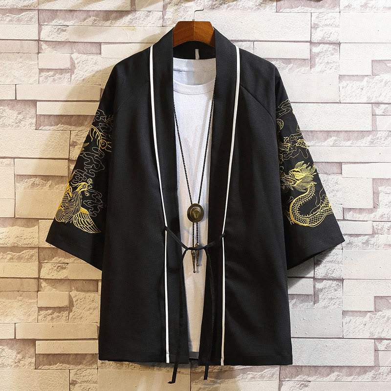Foviel Stickerei Drache Phoenix Ausgeprägte Wolkenwellen Blätter Krane Offene Frontjacke Herren Kimono