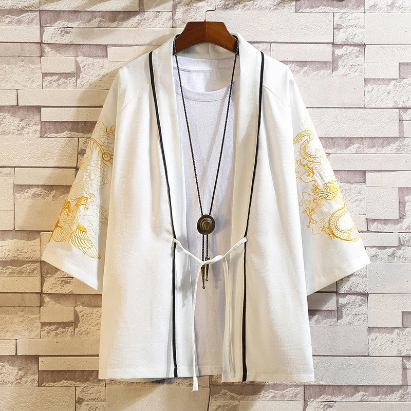 Foviel Stickerei Drache Phoenix Ausgeprägte Wolkenwellen Blätter Krane Offene Frontjacke Herren Kimono