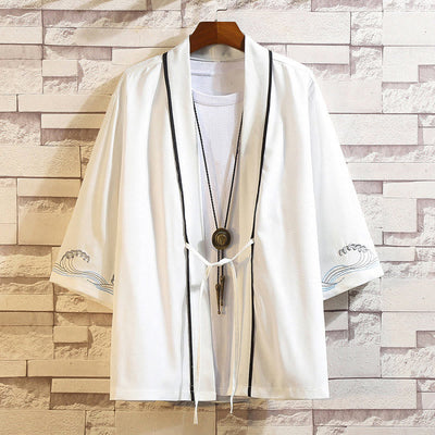 Foviel Stickerei Drache Phoenix Ausgeprägte Wolkenwellen Blätter Krane Offene Frontjacke Herren Kimono