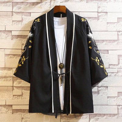 Foviel Stickerei Drache Phoenix Ausgeprägte Wolkenwellen Blätter Krane Offene Frontjacke Herren Kimono