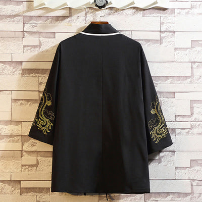 Foviel Stickerei Drache Phoenix Ausgeprägte Wolkenwellen Blätter Krane Offene Frontjacke Herren Kimono