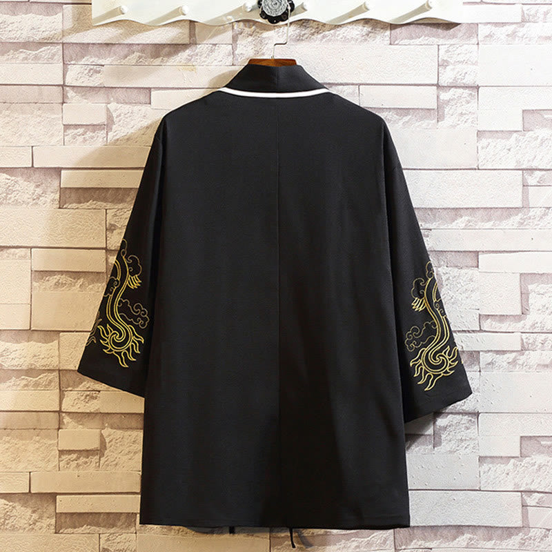 Foviel Stickerei Drache Phoenix Ausgeprägte Wolkenwellen Blätter Krane Offene Frontjacke Herren Kimono