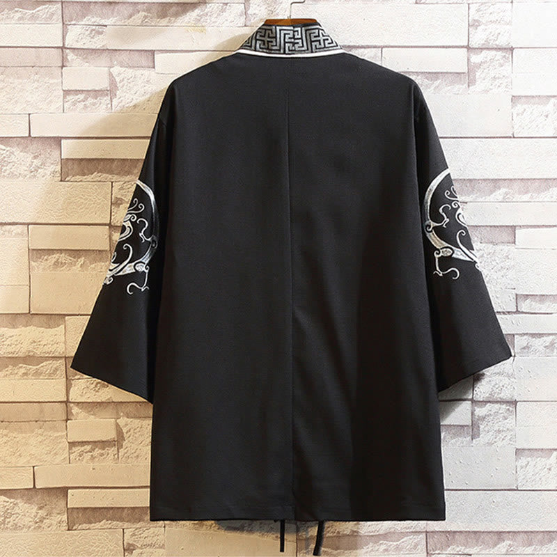 Veste kimono pour homme Foviel à devant ouvert avec broderies de dragon, phénix, nuages de bon augure, vagues, feuilles et grues