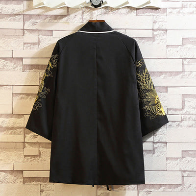 Foviel Stickerei Drache Phoenix Ausgeprägte Wolkenwellen Blätter Krane Offene Frontjacke Herren Kimono