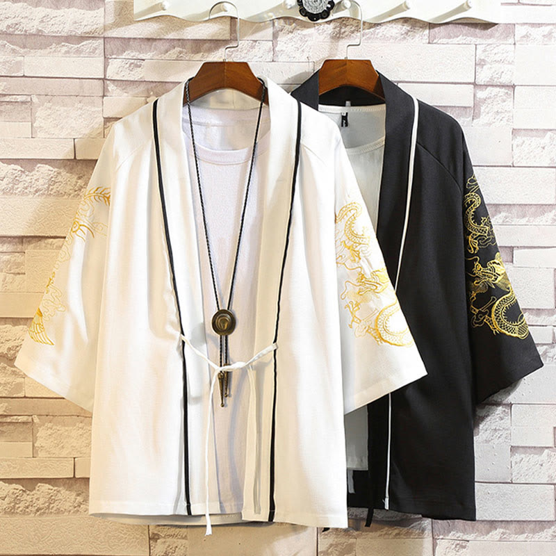 Foviel Stickerei Drache Phoenix Ausgeprägte Wolkenwellen Blätter Krane Offene Frontjacke Herren Kimono