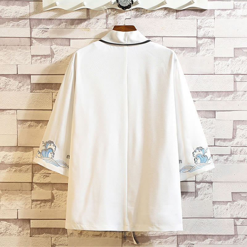 Foviel Stickerei Drache Phoenix Ausgeprägte Wolkenwellen Blätter Krane Offene Frontjacke Herren Kimono