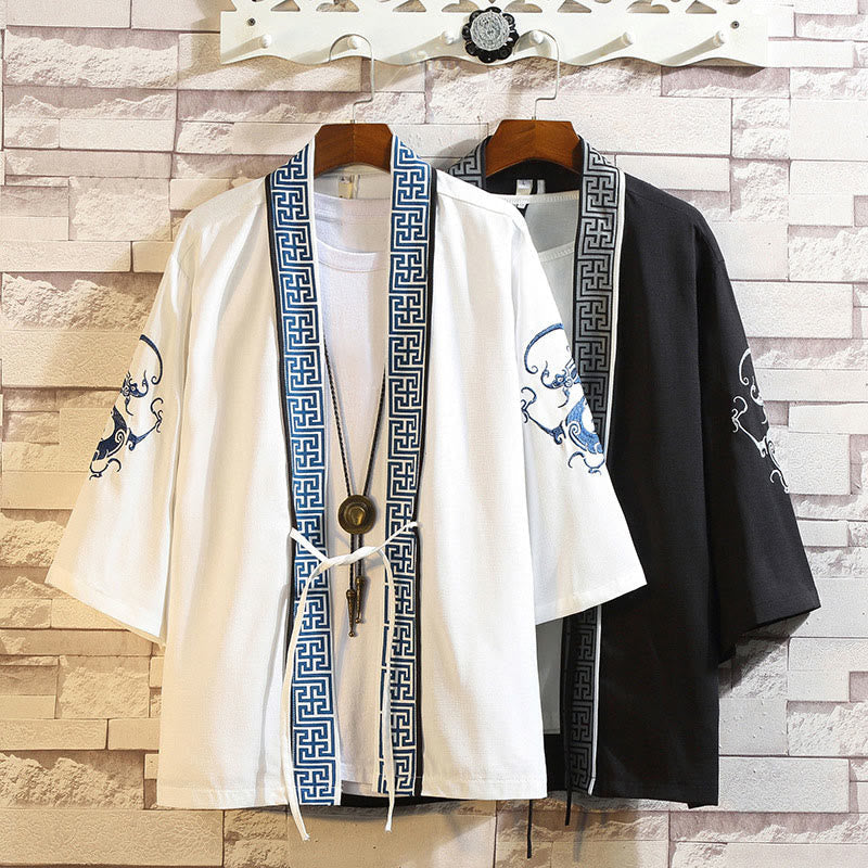 Foviel Stickerei Drache Phoenix Ausgeprägte Wolkenwellen Blätter Krane Offene Frontjacke Herren Kimono