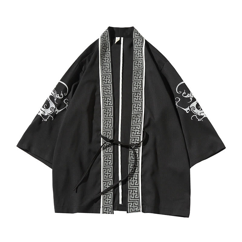 Veste kimono pour homme Foviel à devant ouvert avec broderies de dragon, phénix, nuages de bon augure, vagues, feuilles et grues