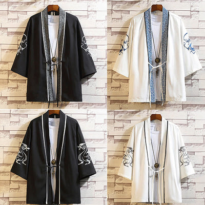 Foviel Stickerei Drache Phoenix Ausgeprägte Wolkenwellen Blätter Krane Offene Frontjacke Herren Kimono