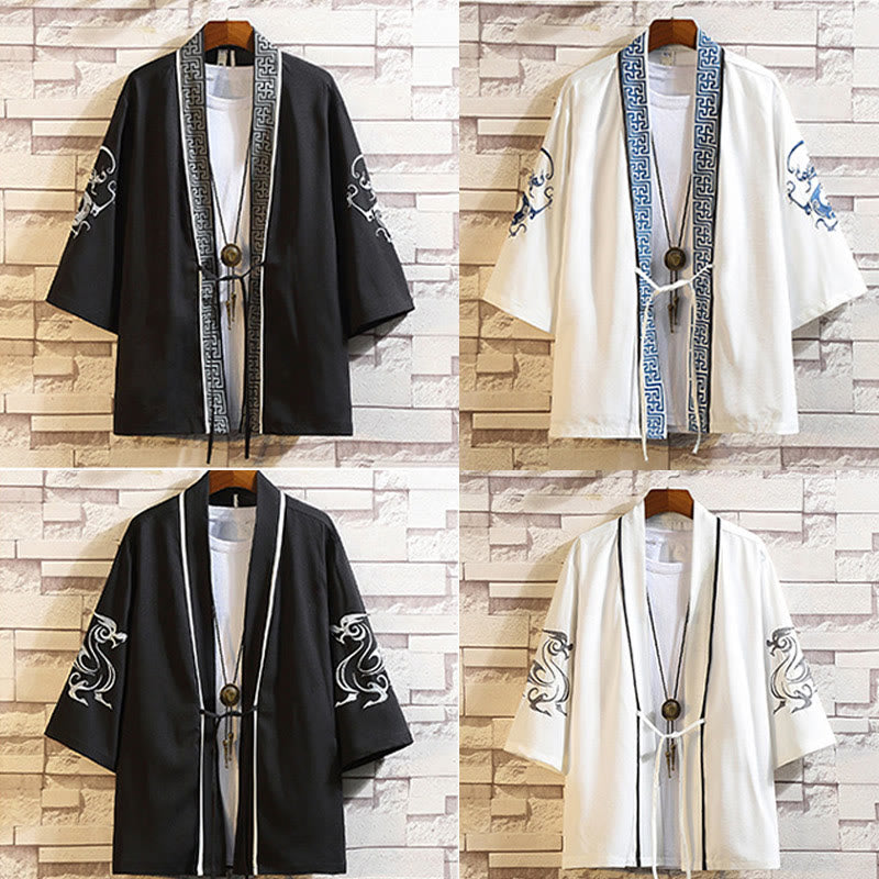 Foviel Stickerei Drache Phoenix Ausgeprägte Wolkenwellen Blätter Krane Offene Frontjacke Herren Kimono