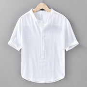 Foviel Summer Solid Color Men's Half Button Short Sleeve Cotton Linen Shirt