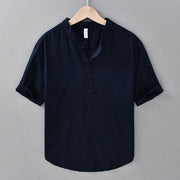 Foviel Summer Solid Color Men's Half Button Short Sleeve Cotton Linen Shirt