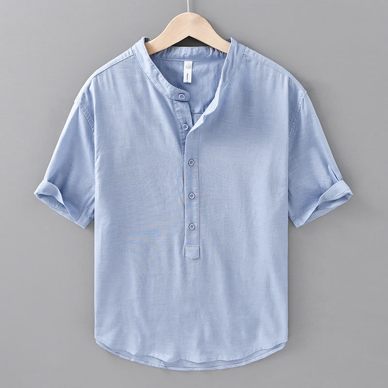 Buddha Stones Summer Solid Color Men's Half Button Short Sleeve Cotton Linen Shirt - LightSteelBlue - US/UK/AU42，EU52 (3XL) - image 13