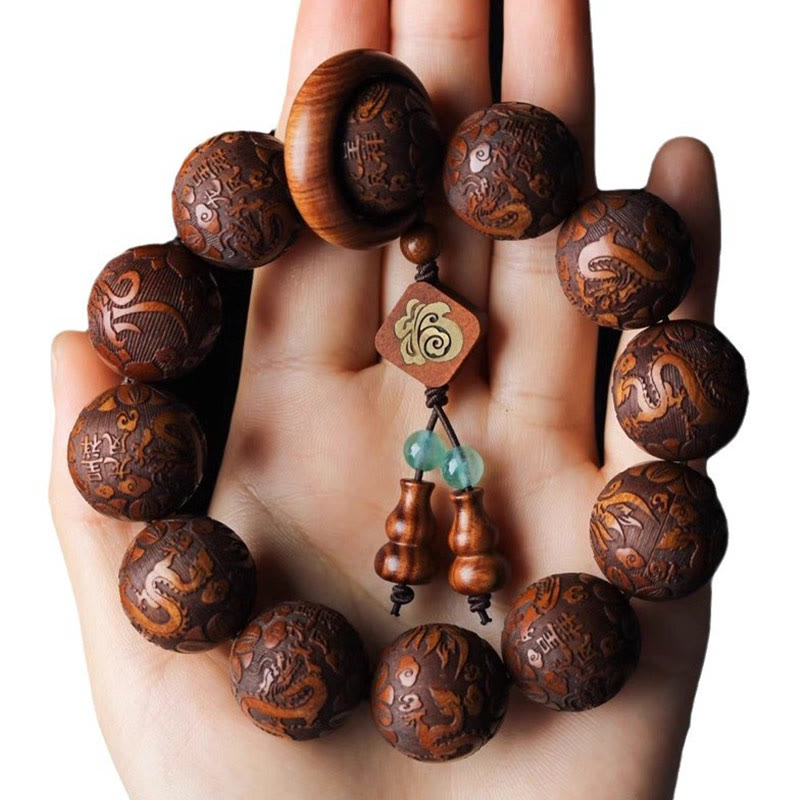 Foviel Natural Carving Dragon And Phoenix Fu Character Gourd Rosewood Beads Warmth Bracelet