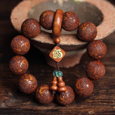 Foviel Natural Carving Dragon And Phoenix Fu Character Gourd Rosewood Beads Warmth Bracelet