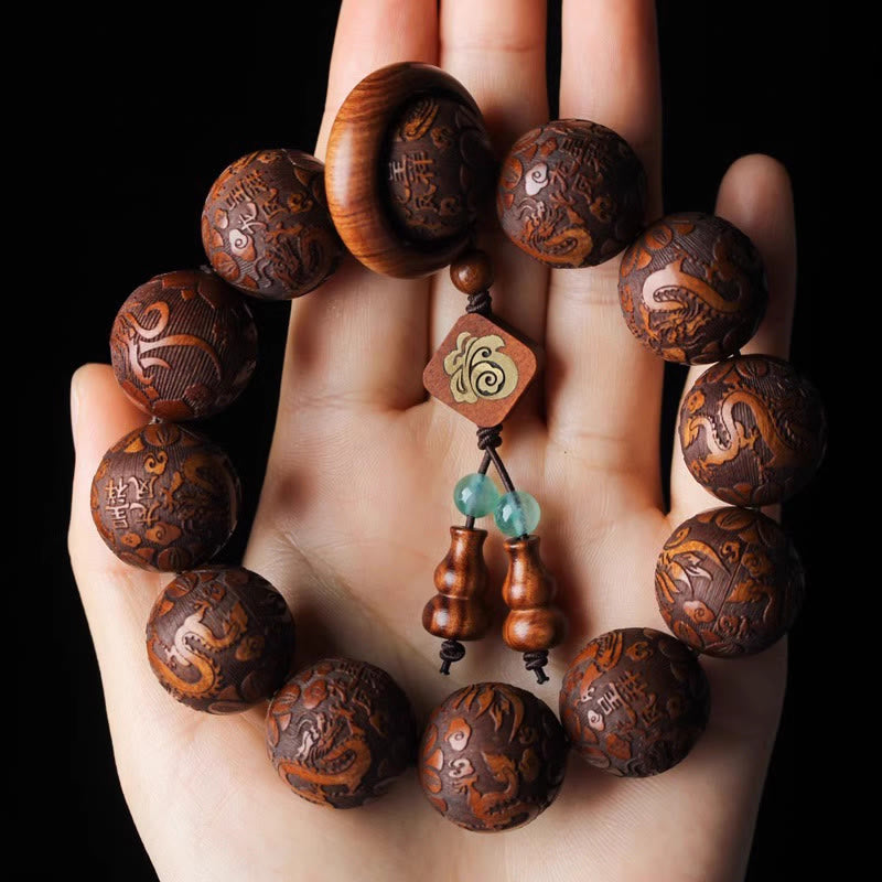 Foviel Natural Carving Dragon And Phoenix Fu Character Gourd Rosewood Beads Warmth Bracelet
