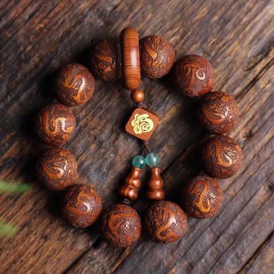 Foviel Natural Carving Dragon And Phoenix Fu Character Gourd Rosewood Beads Warmth Bracelet