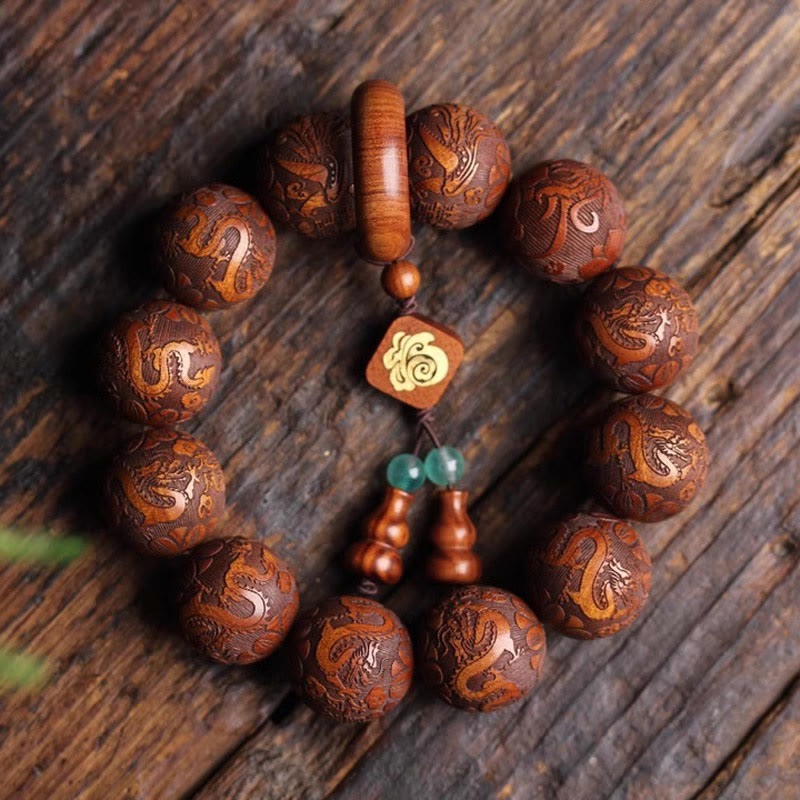 Foviel Natural Carving Dragon And Phoenix Fu Character Gourd Rosewood Beads Warmth Bracelet