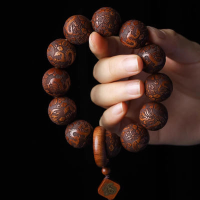 Foviel Natural Carving Dragon And Phoenix Fu Character Gourd Rosewood Beads Warmth Bracelet