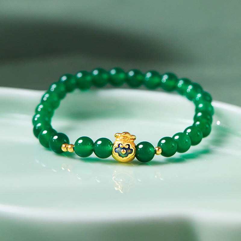 Foviel 999 Sterling Silber Glückstasche Grün Chalcedon Beruhiges Armband