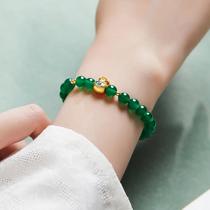Foviel 999 Sterling Silber Glückstasche Grün Chalcedon Beruhiges Armband