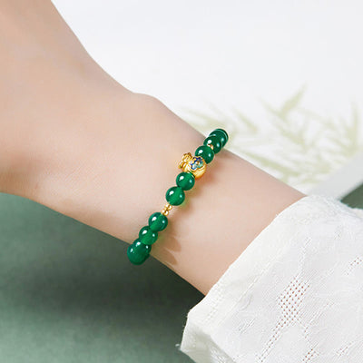 Foviel 999 Sterling Silber Glückstasche Grün Chalcedon Beruhiges Armband