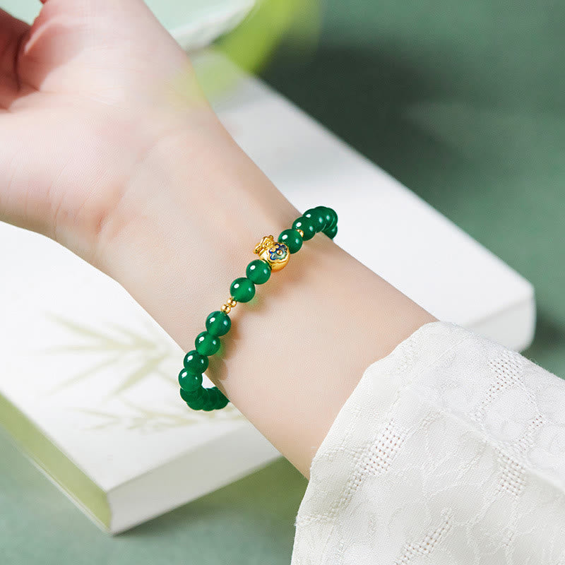 Foviel 999 Sterling Silber Glückstasche Grün Chalcedon Beruhiges Armband