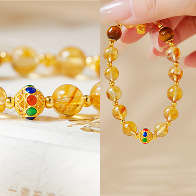 Foviel 925 Sterling Silver Fu Character Citrine Tiger Eye Protection Bracelet