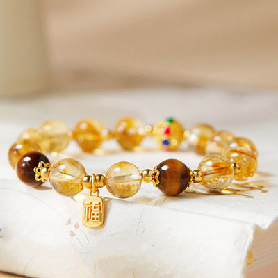 Foviel 925 Sterling Silver Fu Character Citrine Tiger Eye Protection Bracelet