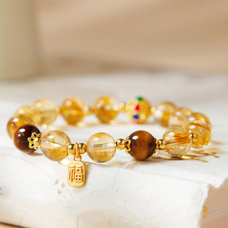 Foviel 925 Sterling Silver Fu Character Citrine Tiger Eye Protection Bracelet