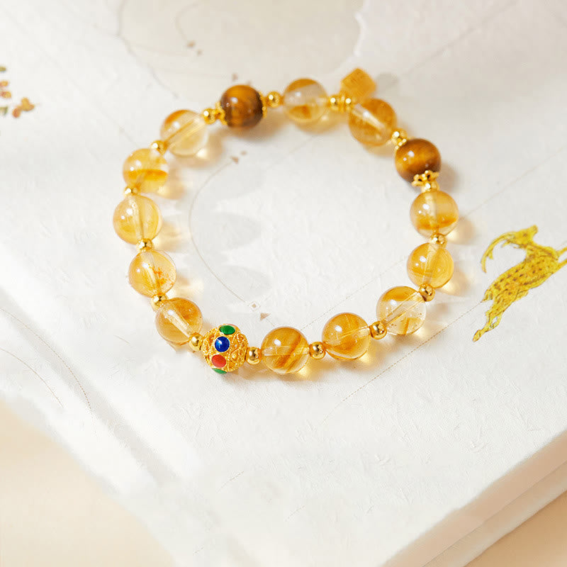 Foviel 925 Sterling Silver Fu Character Citrine Tiger Eye Protection Bracelet