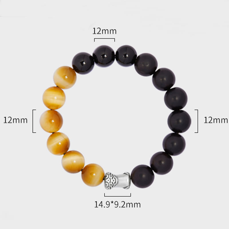 Foviel 999 Sterling Silver Ebony Tiger Eye Black Obsidian Relax Bracelet